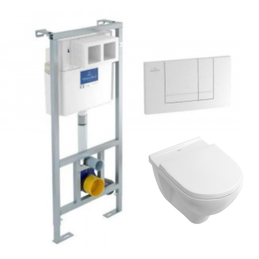 Villeroy & Boch Pack WC suspendu compact sans bride O.novo + abattant + Bâti-support Viconnect + plaque de commande blanche