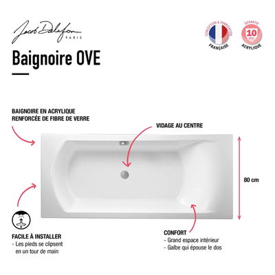 JACOB DELAFON Baignoire droite Ove acrylique + Pare bain 140 x 80 cm Struktura + Nettoyant pour baignoire, 170 X 70