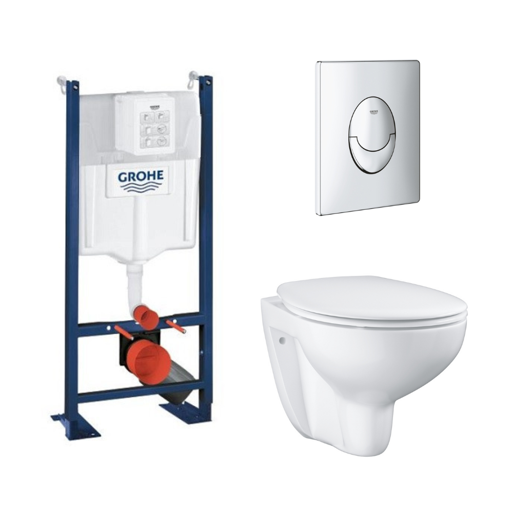 Grohe Pack WC suspendu sans bride Bau Ceramic avec abattant, bâti support WC Grohe Rapid SL Project et plaque de commande Start, Chromé