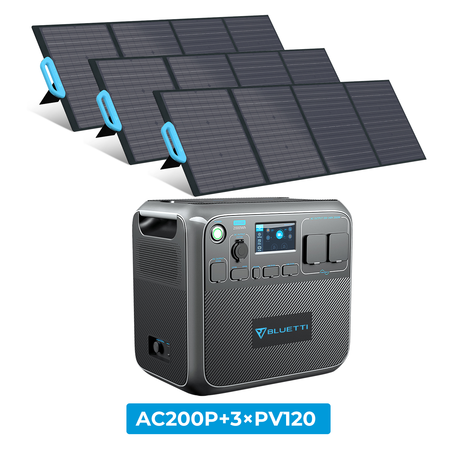 POWEROAK BLUETTI AC200P Groupe électrogène portable 2000Wh Générateur solaire avec 3xPV120 panneaux solaires monocristallins de 120W chacun