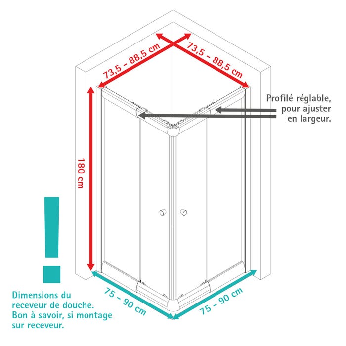 Schulte paroi de douche acces d'angle droit avec portes de douche coulissantes, 75-90cm x 75- 90 cm x 180 cm, verre transparent 4 mm, noir, Sunny 7