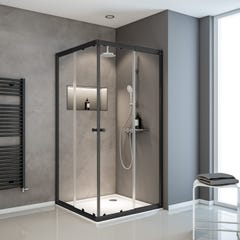 Schulte accès d'angle droit avec portes de douche coulissantes, 80 x 80 - 90 x 90 cm x 180 cm, verre 4 mm, profilé noir, verre transparent, Sunny
