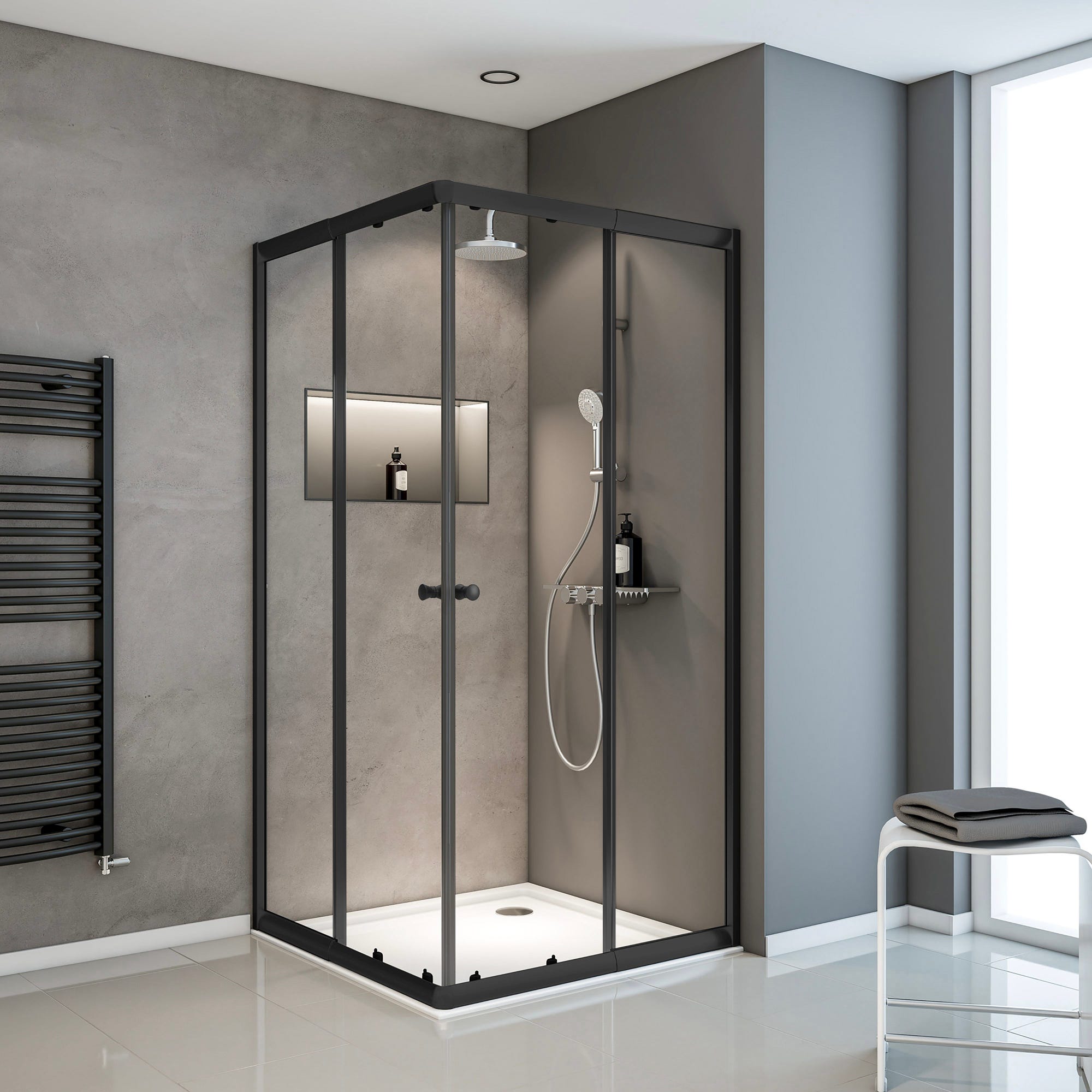 Schulte paroi de douche acces d'angle droit avec portes de douche coulissantes, 75-90cm x 75- 90 cm x 180 cm, verre transparent 4 mm, noir, Sunny 0