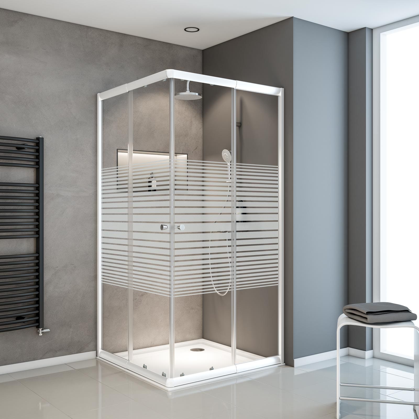 Schulte paroi de douche acces d'angle droit avec portes coulissantes, 80x80 - 90x90 cm x 180 cm, verre 4mm, blanc, sérigraphie bandes transversales 0