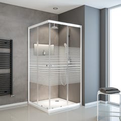 Schulte accès d'angle droit avec portes de douche coulissantes, 80x80 - 90x90 cm x 180 cm, verre 4mm, profilé blanc, sérigraphie bandes transversales