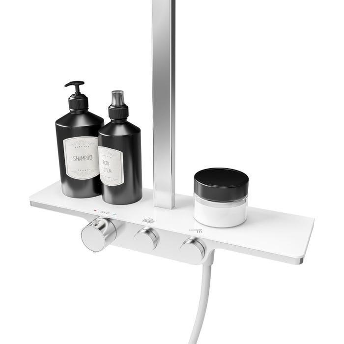 Schulte colonne de douche avec tablette et thermostat intégré, 45 x 102 cm, douchette à main carrée, pommeau carré orientable, white style 1