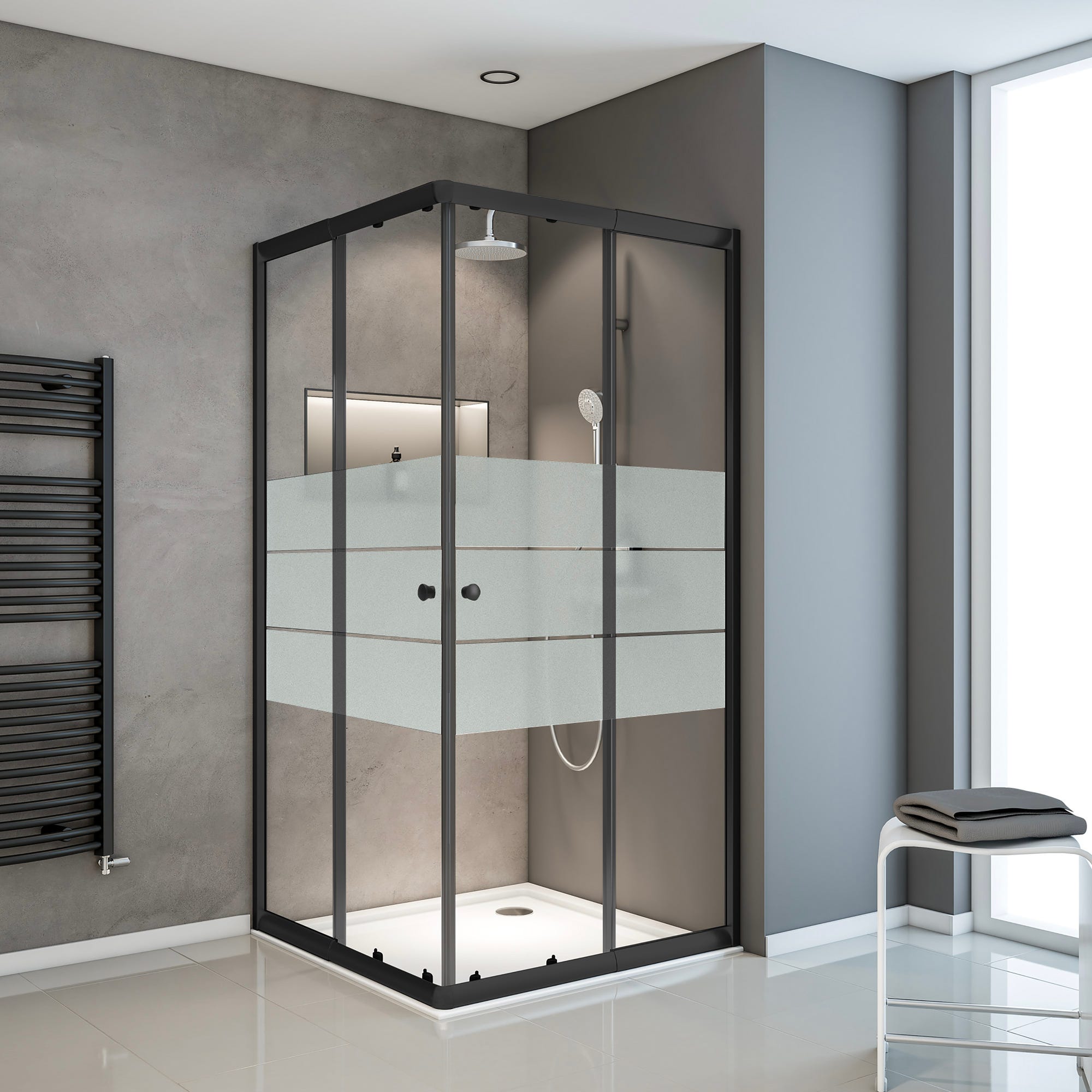Schulte paroi de douche acces d'angle droit avec portes de douche coulissantes, 80 x 80 - 90 x 90 cm x 180 cm, verre dépoli light 4 mm, noir, Sunny 0