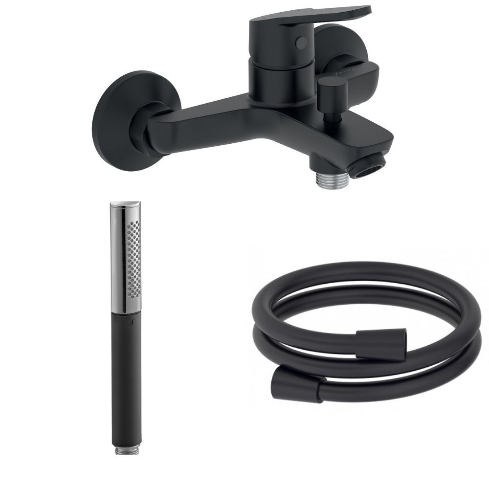 JACOB DELAFON Douchette à main noir et chrome + Mitigeur bain-douche + Flexible lisse anti-torsion 1600 mm noir