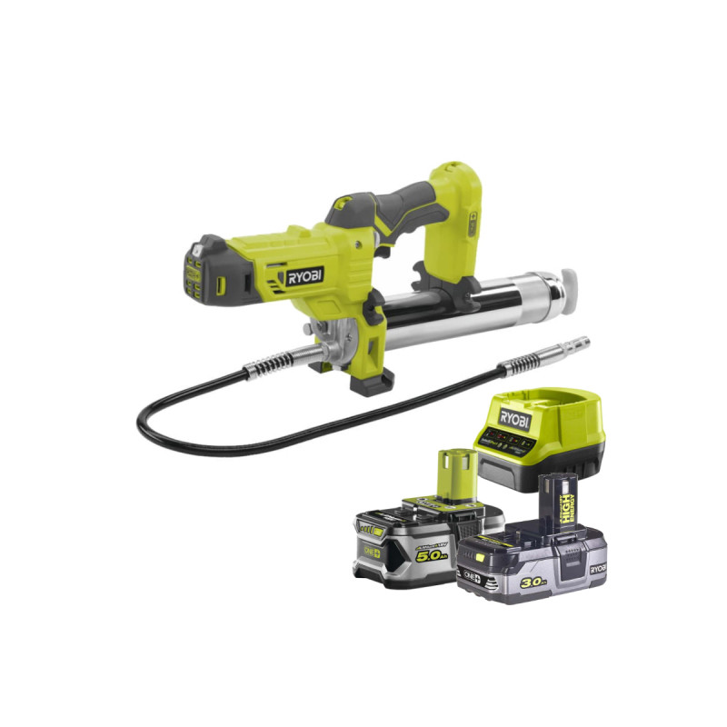 Pack RYOBI Pompe à graisse 18V OnePlus R18GG-0 - 1 Batterie 3.0Ah High Energy - 1 Batterie 5.0Ah - Chargeur rapide
