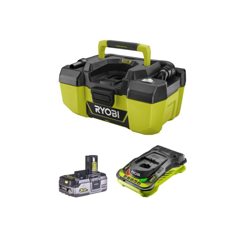 Pack RYOBI Aspirateur d'atelier 18V One Plus R18PV-0 - 1 Batterie 3.0Ah High Energy - 1 Chargeur ultra rapide