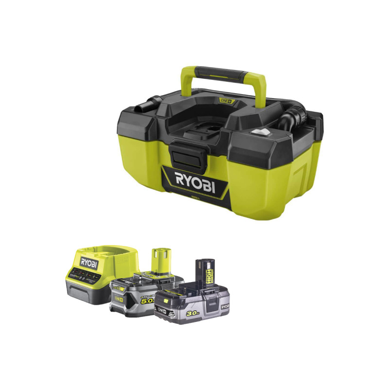 Pack RYOBI Aspirateur d'atelier 18V One Plus R18PV-0 - 1 Batterie 3.0Ah High Energy - 1 Batterie 5.0Ah - Chargeur rapide
