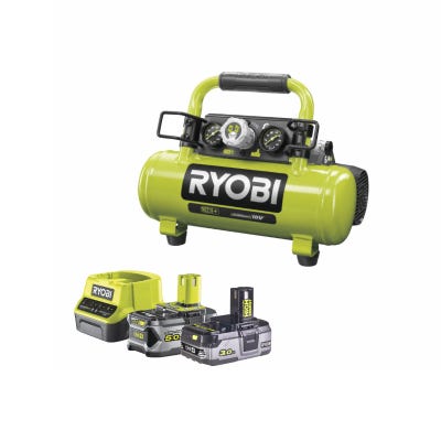 Pack RYOBI Compresseur à cuve 18V One Plus 4L R18AC-0 - 1 Batterie 3.0Ah High Energy - 1 Batterie 5.0Ah - Chargeur rapide