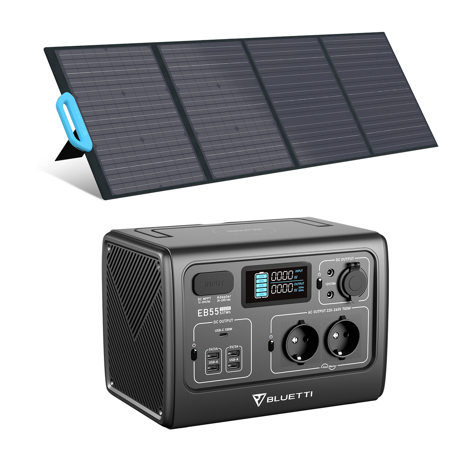 BLUETTI Kit de station énergie solaire avec 1xEB55GRAY générateur solaire portable 700W/537Wh avec panneau solaire pliable 120W