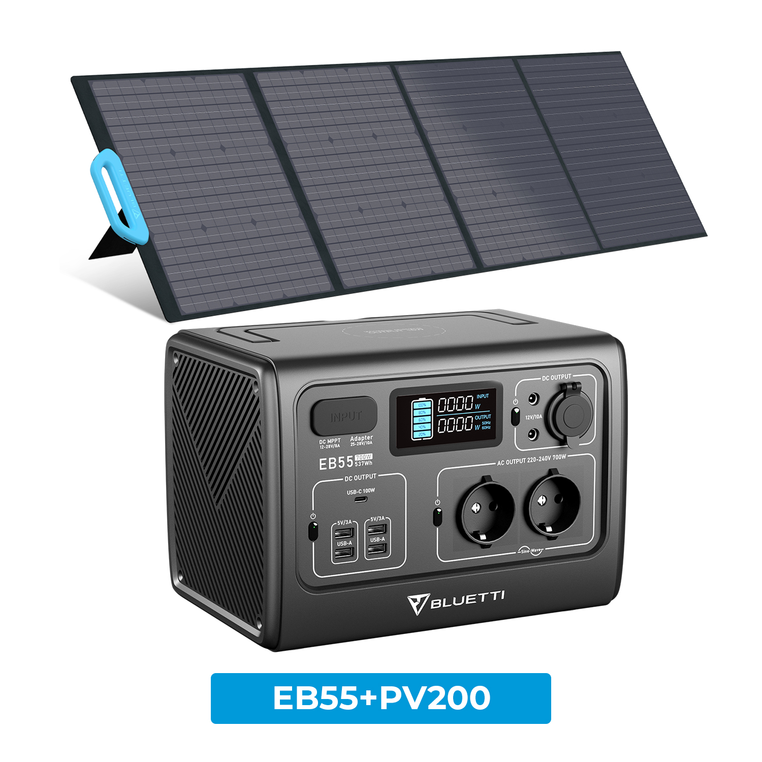 BLUETTI Kit de station énergie solaire avec 1xEB55GRAY générateur solaire portable 700W/537Wh avec panneau solaire pliable 200W