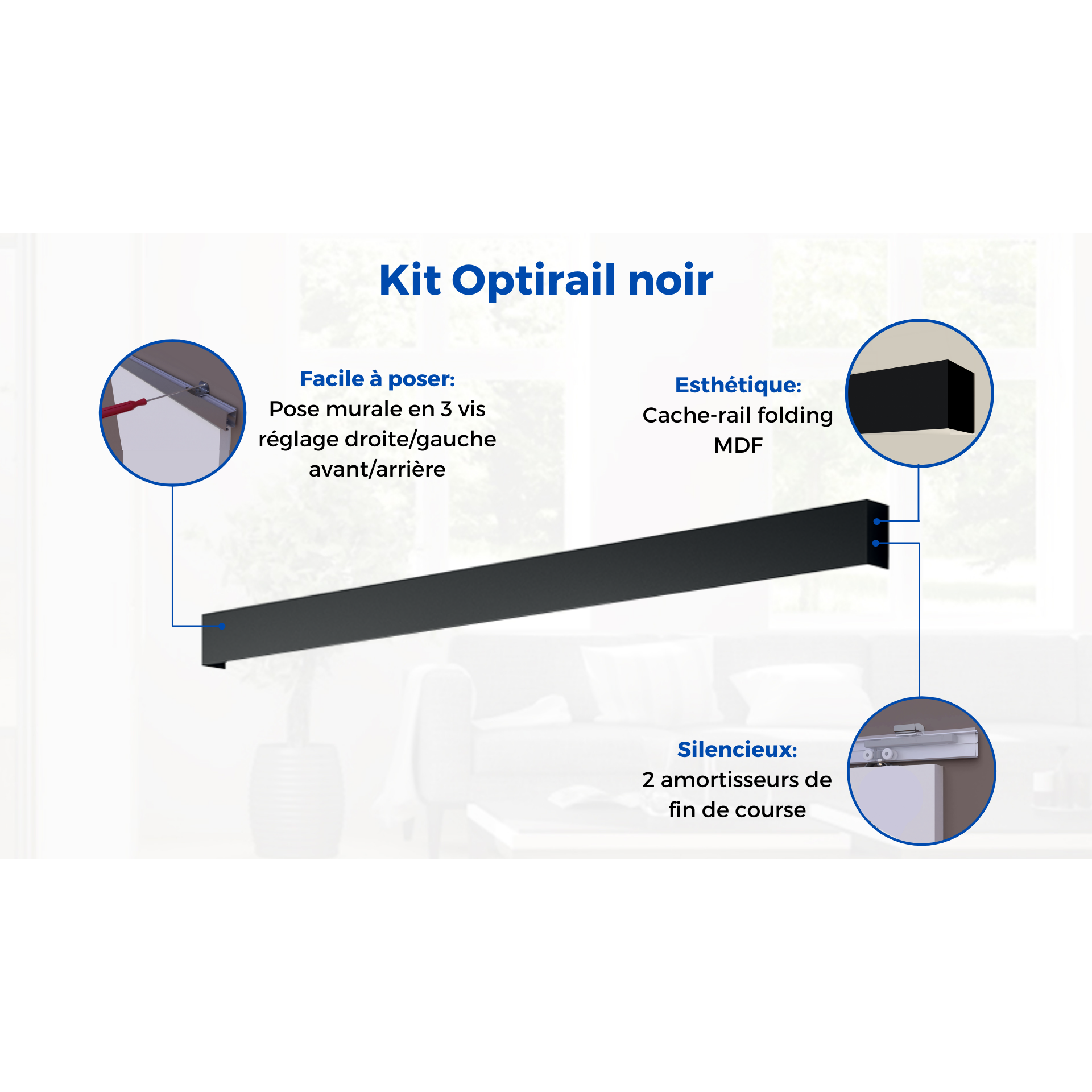 OPTIMUM - Kit porte coulissante + rail + bandeau Atelier - H 204 x L 93 x P 4 cm - Noir verre transparent 4
