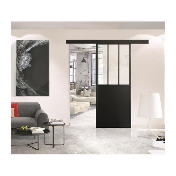 OPTIMUM - Kit porte coulissante + rail + bandeau Atelier - H 204 x L 93 x P 4 cm - Noir verre transparent 0