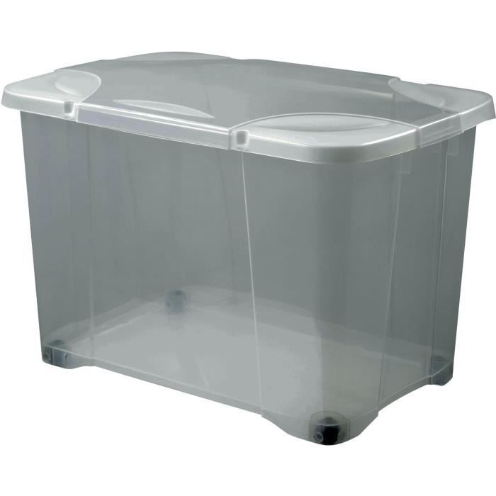 EDA PLASTIQUE Coffre de rangement avec couvercle a charniere et roulettes ClipBox 60 L - 60 x 40 x 40,7 cm - Gris acidule