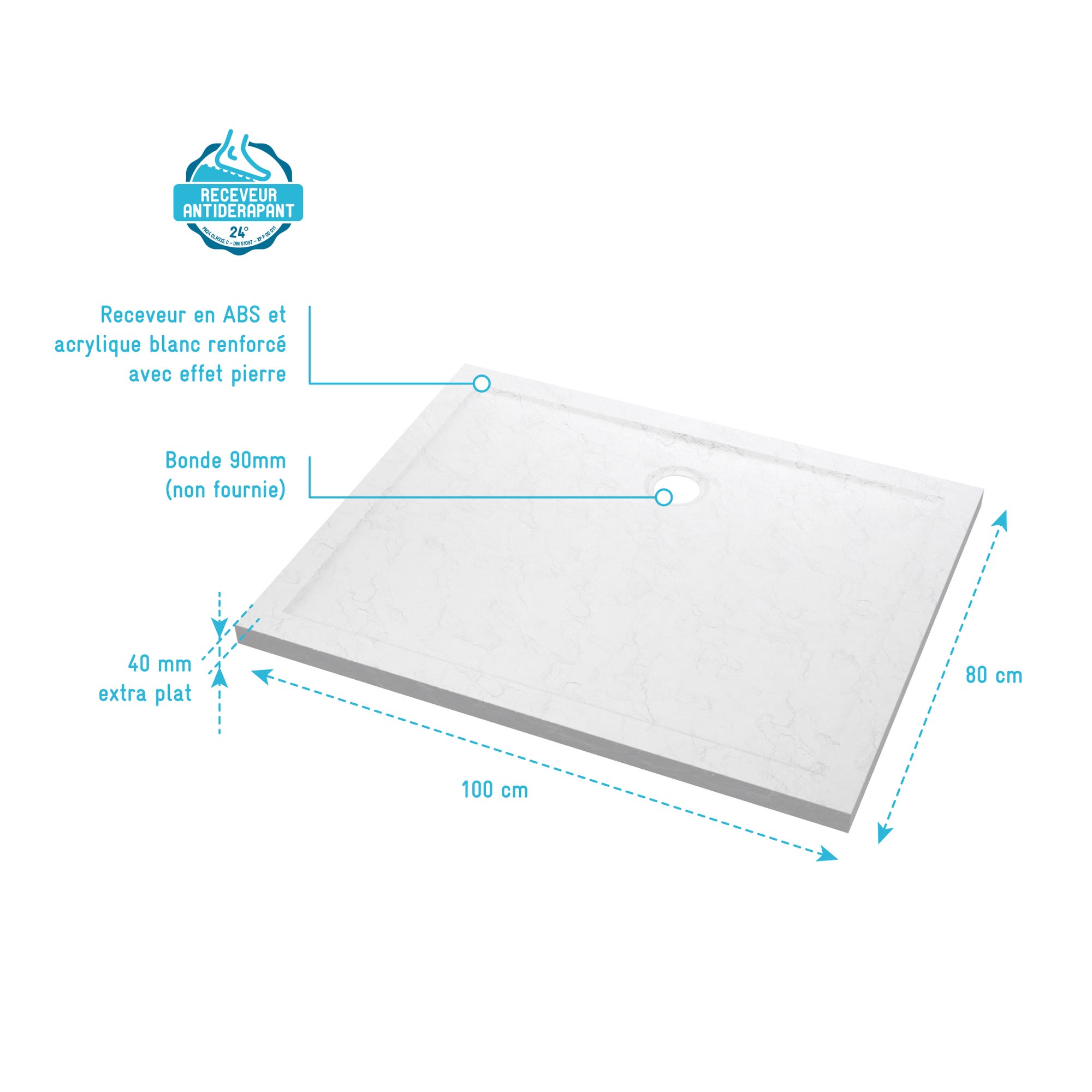 Receveur en acrylique Blanc 80x100x4cm - MOON RECTANGULAR 80 3
