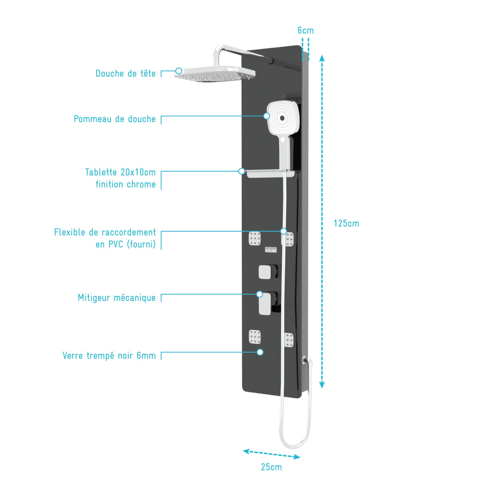 Colonne de douche Hydromassante - 25x125x6cm - Verre Noir 6mm - EPSILON 2