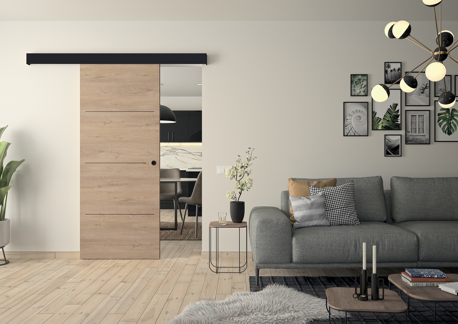 Kit porte coulissante décor chêne clair avec inserts noirs PALERME + rail 2 amortisseurs + cache rail décor assorti - 204 x 83 cm