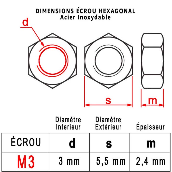 Ecrou Hexagonal M3 : Boite 50 Pcs en Acier Inoxydable | HU - DIN934 - Inox A2 | (Diam.int = 3mm x Diam.ext = 5,5mm) 2