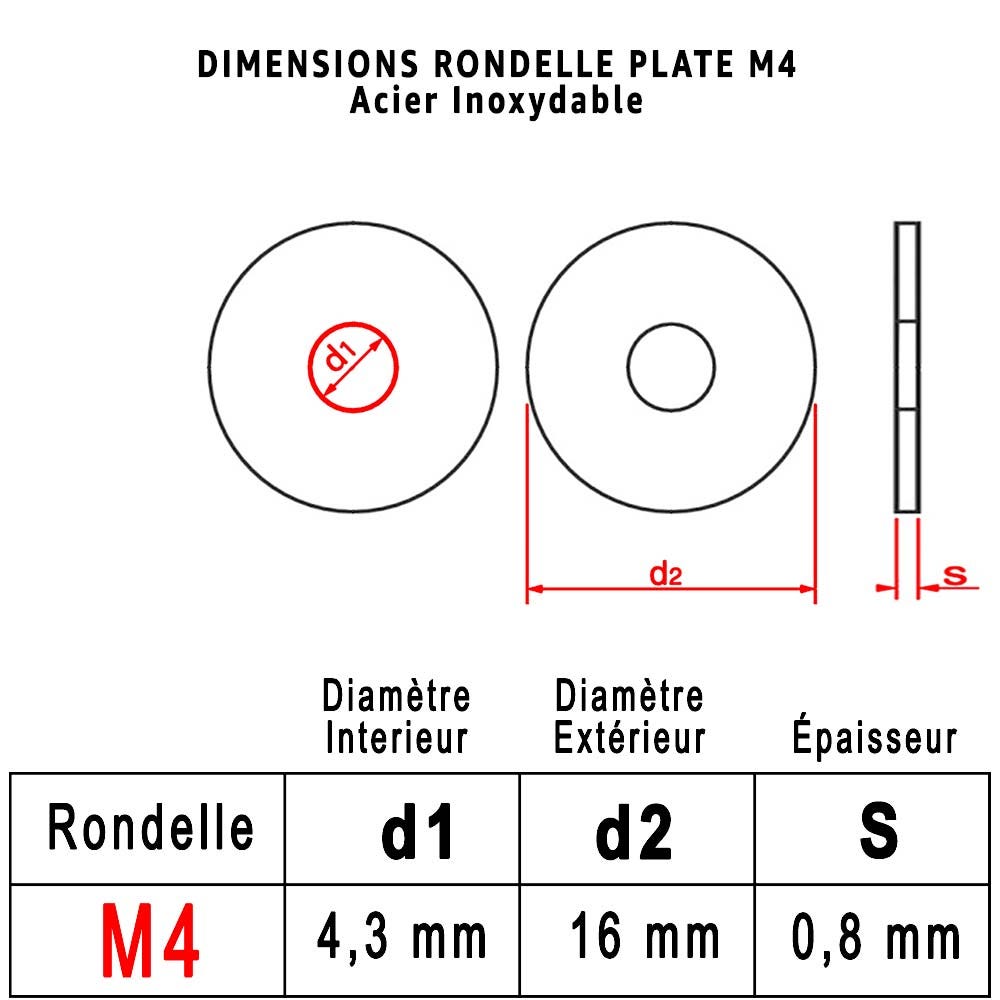 Rondelle Inox M4 : Boite 50 Pcs Plate EXTRA LARGE Acier Inoxydable A2 | Usage Interieur et Exterieur | (Diam.int = 4,3mm x Diam.ext = 16mm) 2