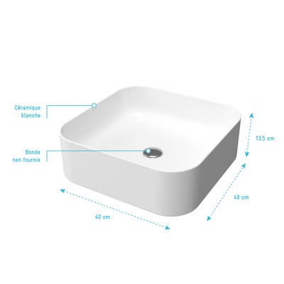 Vasque carrée blanche en céramique à poser - 40x40x13.5cm - POP SQUARE ROUNDED 10