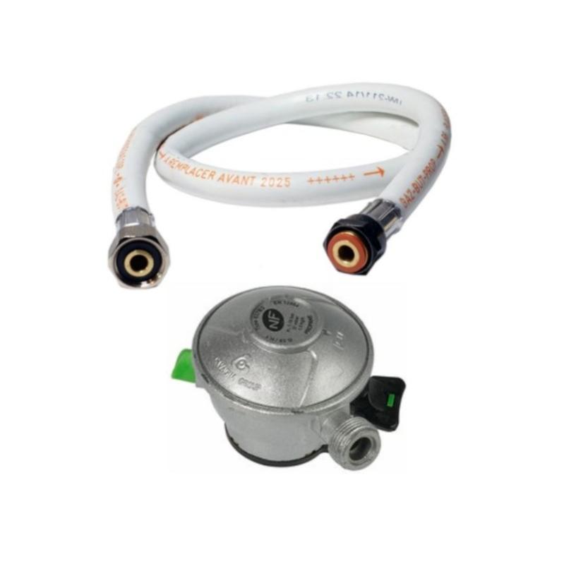 Pack tuyau gaz flexible 2 m + Détendeur Butane à clipser Quick-On Valve Diam 27mm Avec Sécurité stop gaz