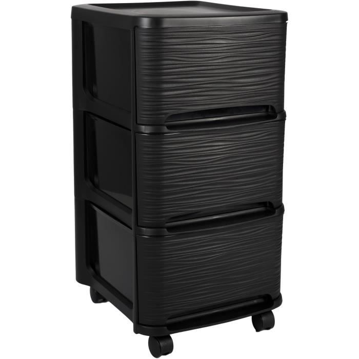 EDA PLASTIQUE Tour de rangement - 3 Tiroirs 14 L décor Stone avec roulettes - Noir - 32 x 37 x 61 cm