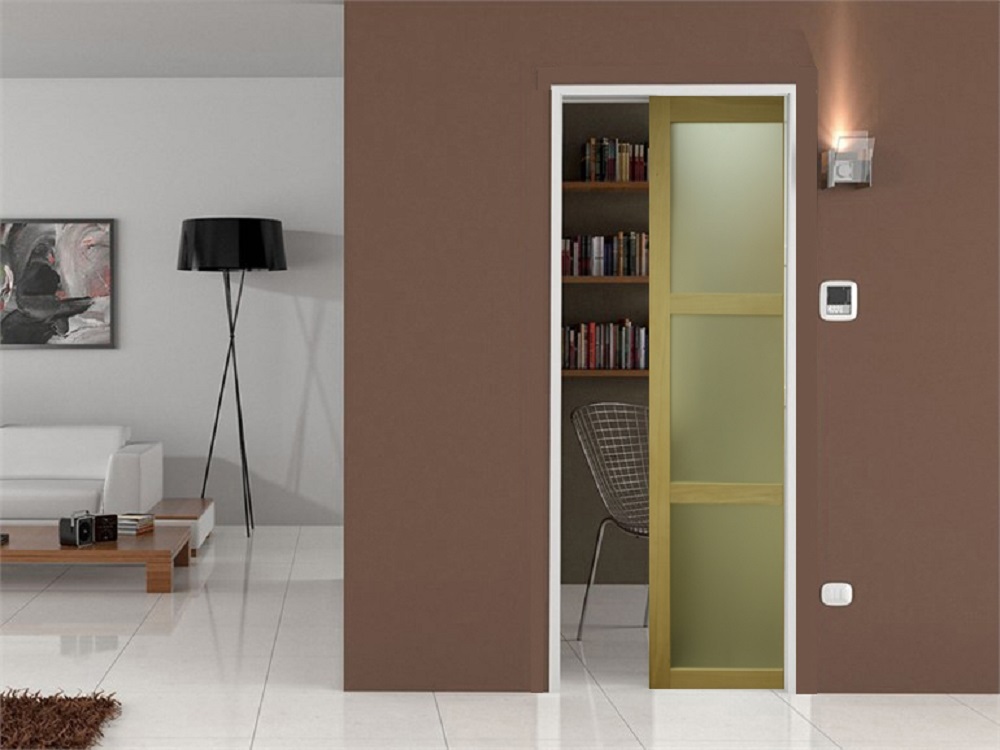 PORTE COULISSANTE 3 CARREAUX PLACAGE AYOUS largeur 73 + système à galandage