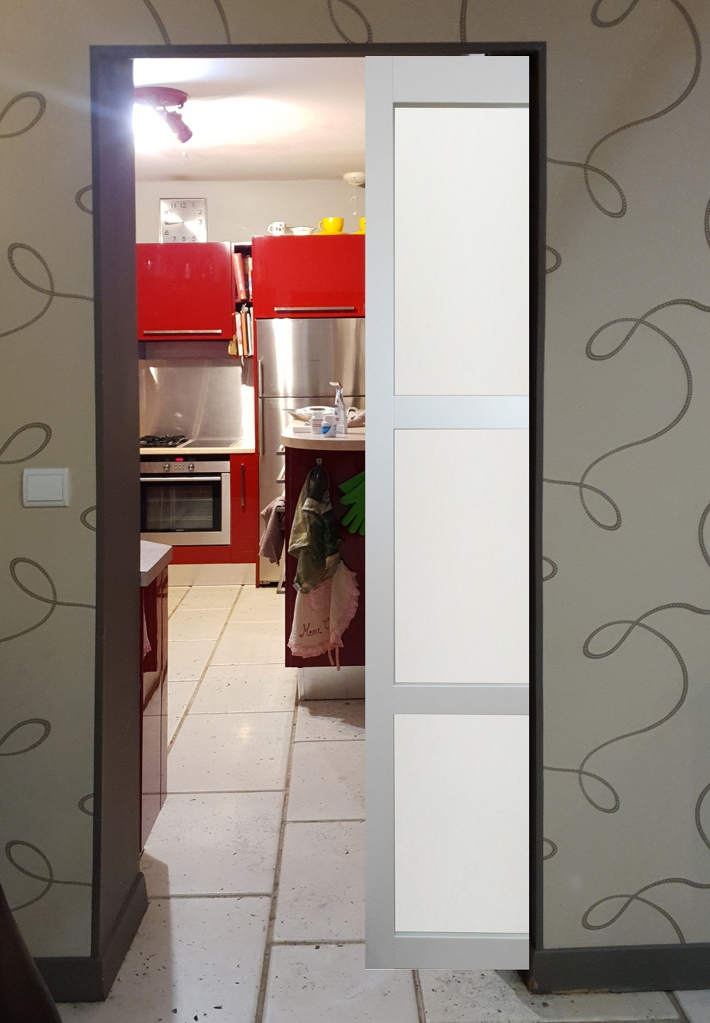PORTE COULISSANTE EN ENROBE GRIS clair MODELE 'GREYRIA' largeur 83 RAL 7035 + système à galandage