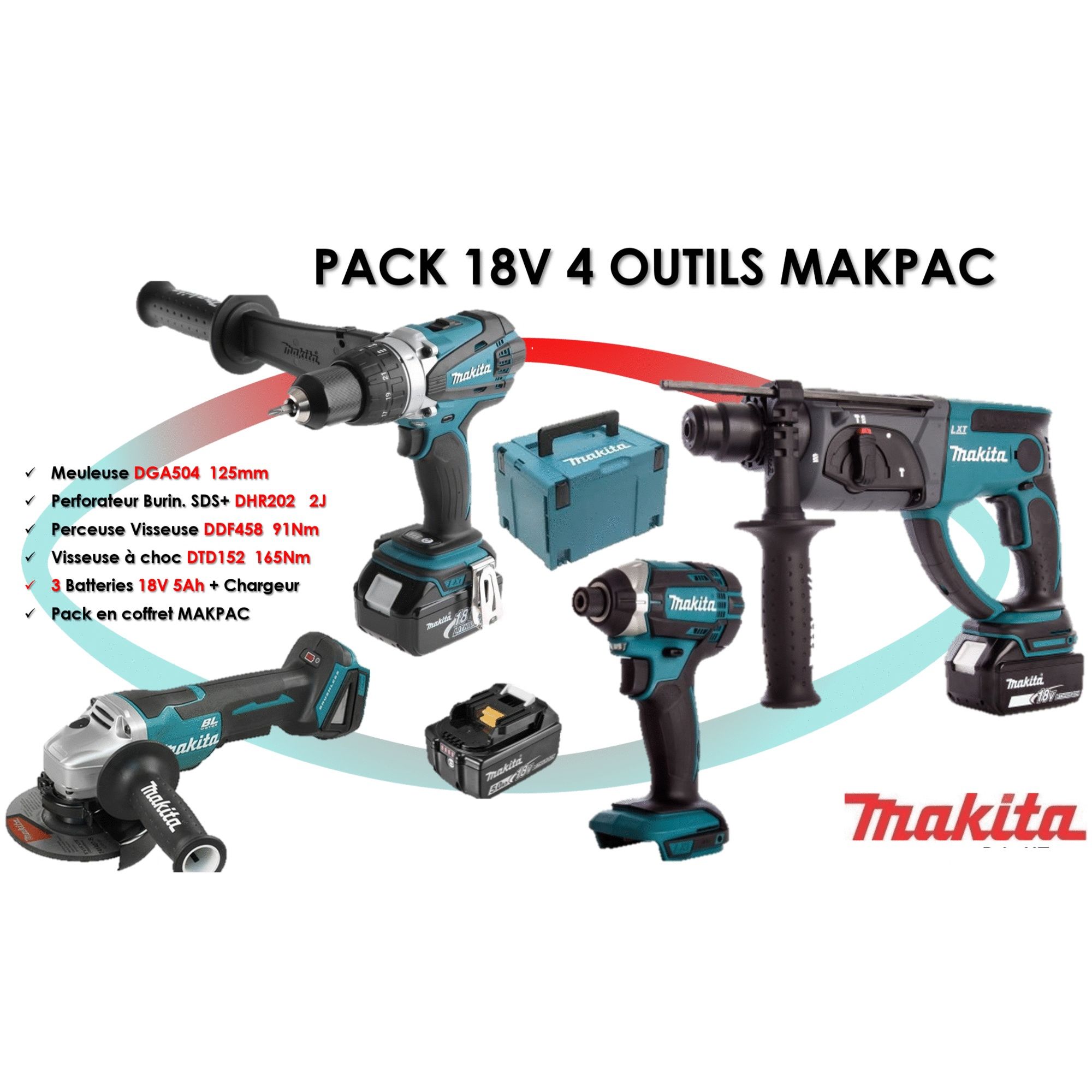 Pack 4 outils 18V (DDF484 + DTD154 + DHR243 + DTM51) + 3 batteries 5 Ah +  chargeur + coffret MAKPAC - MAKITA - DLX4109TJ