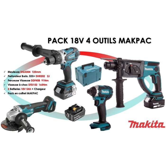 Pack de 4 outils 18V (DDF458/DTD152/DHR202/DGA504) + 3 batteries 5 Ah + chargeur en coffret MAKPAC - MAKITA 0