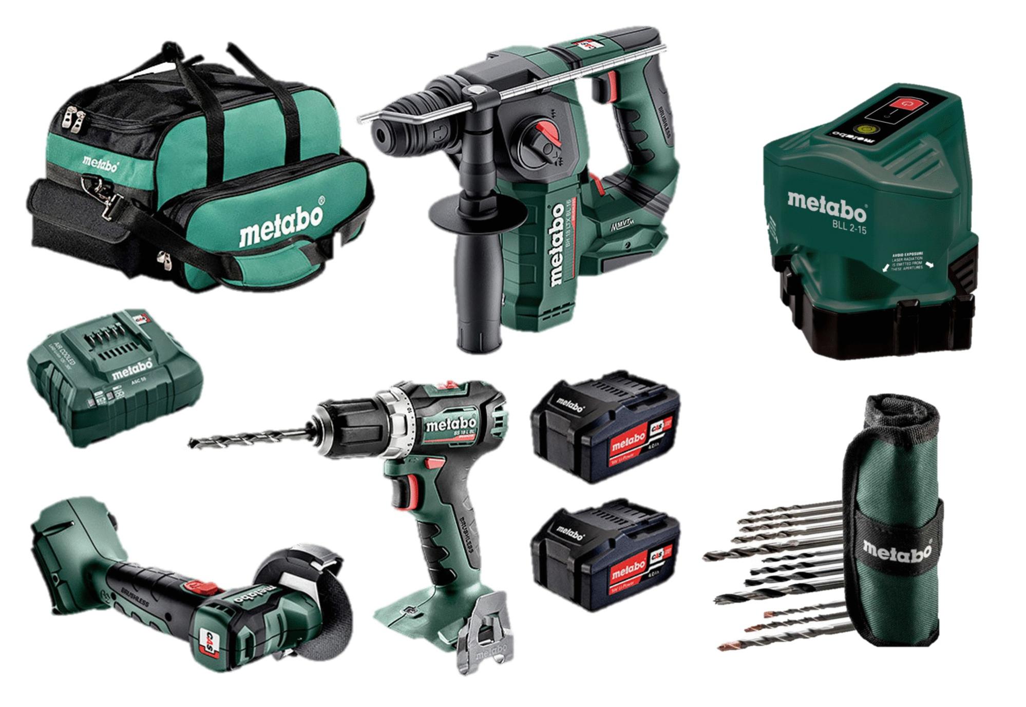 Pack 4 machines (BS1LBLQ/BH18LTXBL16/CC18LTXBL/BLL2-15) avec 2 batteries 4.0 Ah chargeur -sac et accessoires - METABO