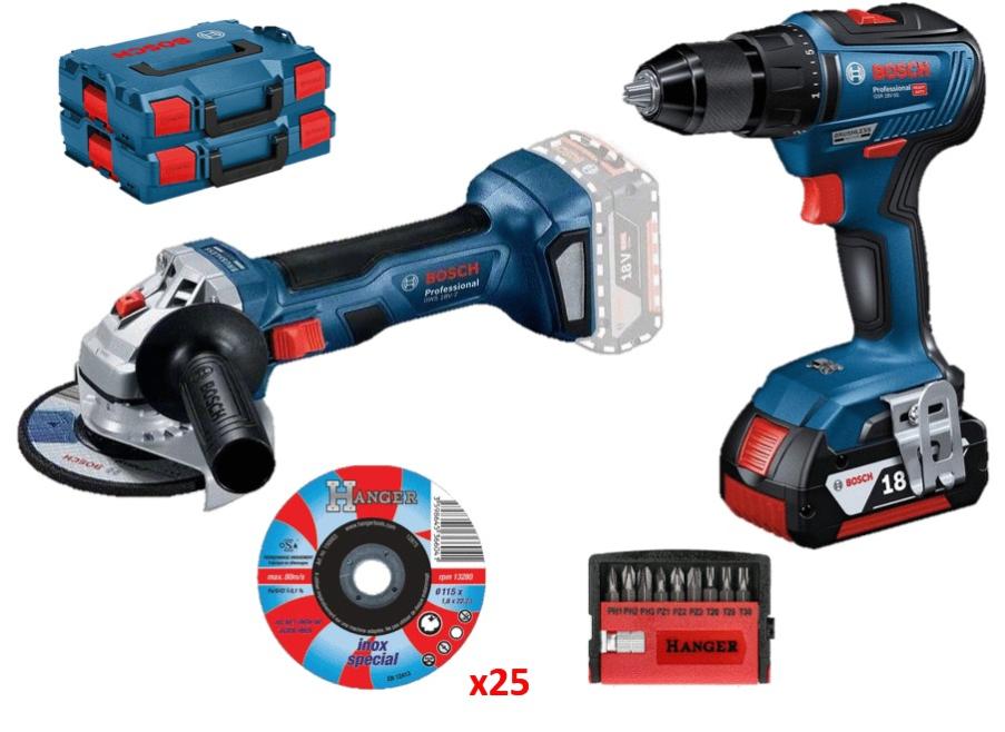 Pack 2 outils perceuse visseuse GSR 18V-55 + Meuleuse GWS 18V-7 + 2 batteries 5Ah + chargeur + coffrets L-BOXX + accessoires - BOSCH - SHRP1