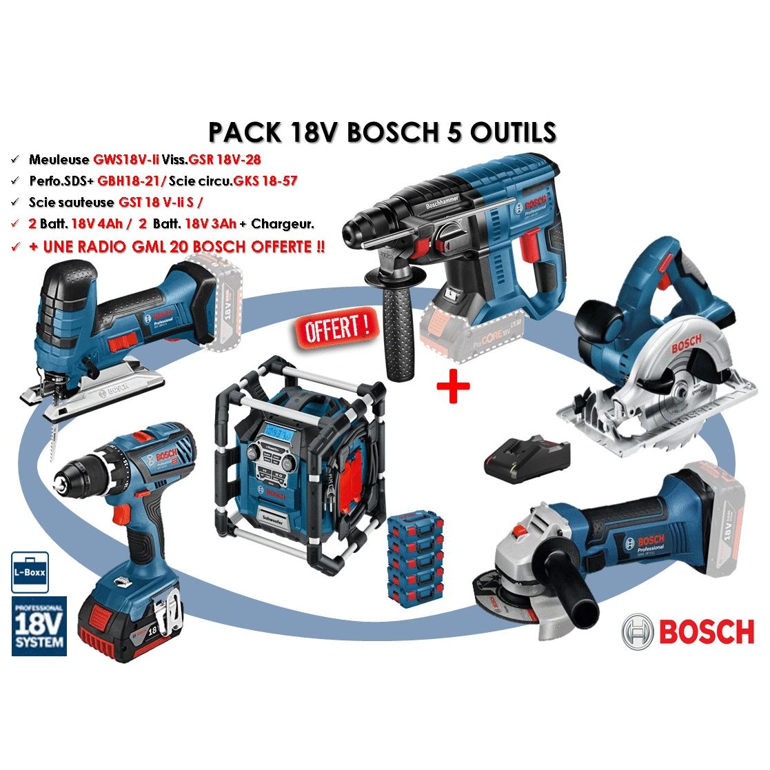 Pack 18V 5 outils (GSR28/GST18/GBH21/GKS57/GWS18) 2x3Ah / 2x4Ah en L-BOXX -  BOSCH ❘ Bricoman