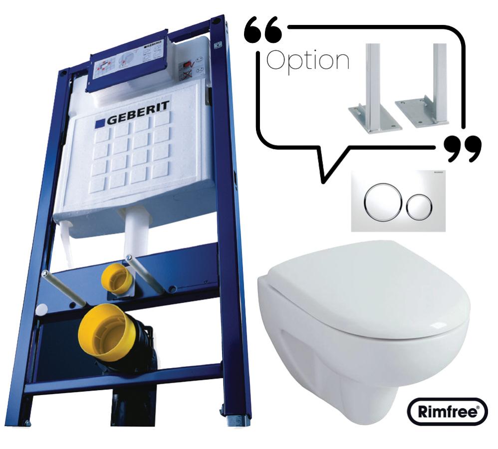 Bâti-support + cuvette WC suspendu RENOVA Rimfree + abattant et plaque de commande + pieds autoportant - GEBERIT - PROMO2-AUTO