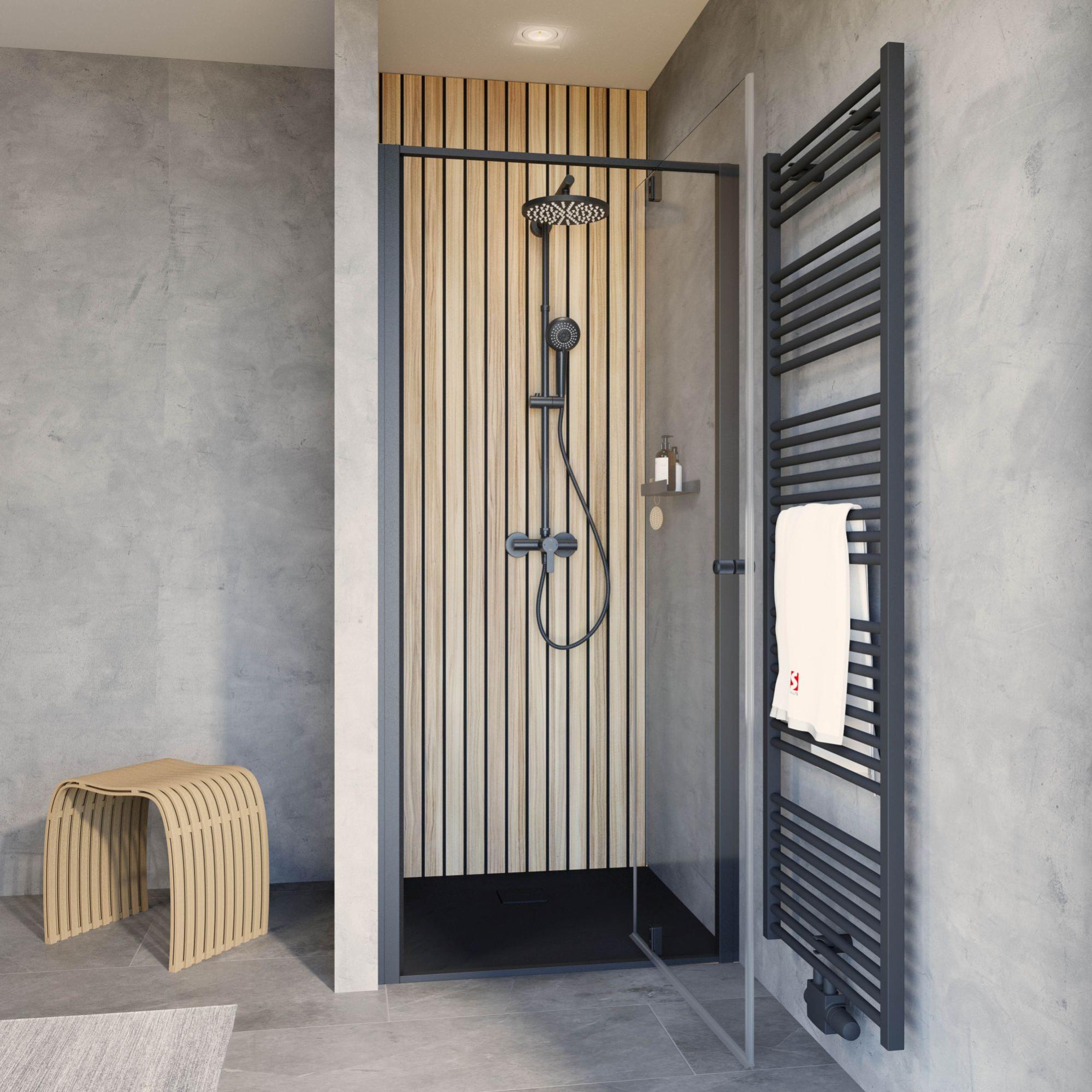 Schulte porte de douche pivotante en niche, 90 x 200 cm, décalage l´ouverte de la porte 20 cm, verre 6 mm transparent autolevant, profilé noir