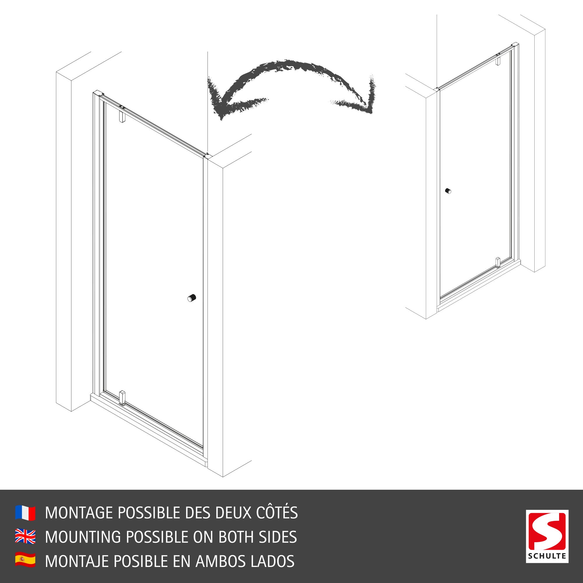 Schulte porte de douche pivotante en niche, 90 x 200 cm, décalage l´ouverte de la porte 20 cm, verre 6 mm transparent autolevant, profilé noir 6