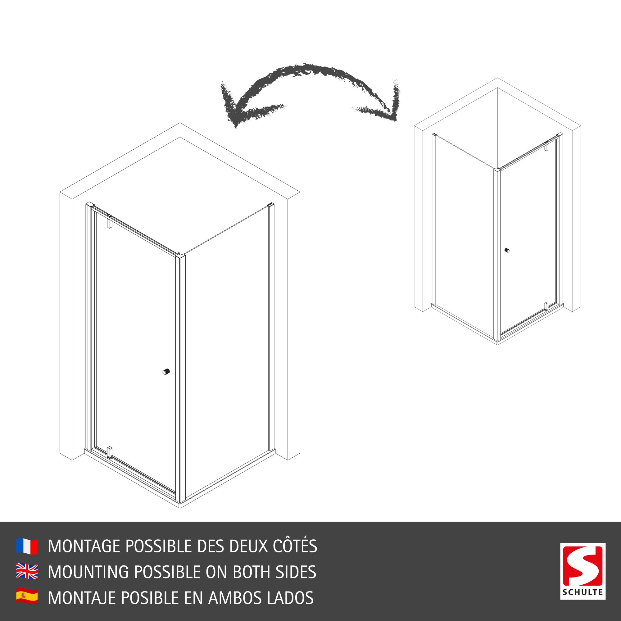 Schulte porte de douche pivotante avec porte latérale, 90 x 90 x 200 cm, décalage l´ouverte de la porte 20 cm, verre 6 mm transparent, profilé noir 6