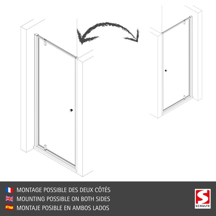 Schulte porte de douche pivotante en niche, 80 x 200 cm, décalage l´ouverte de la porte 20 cm, verre 6 mm transparent autolevant, profilé noir 6