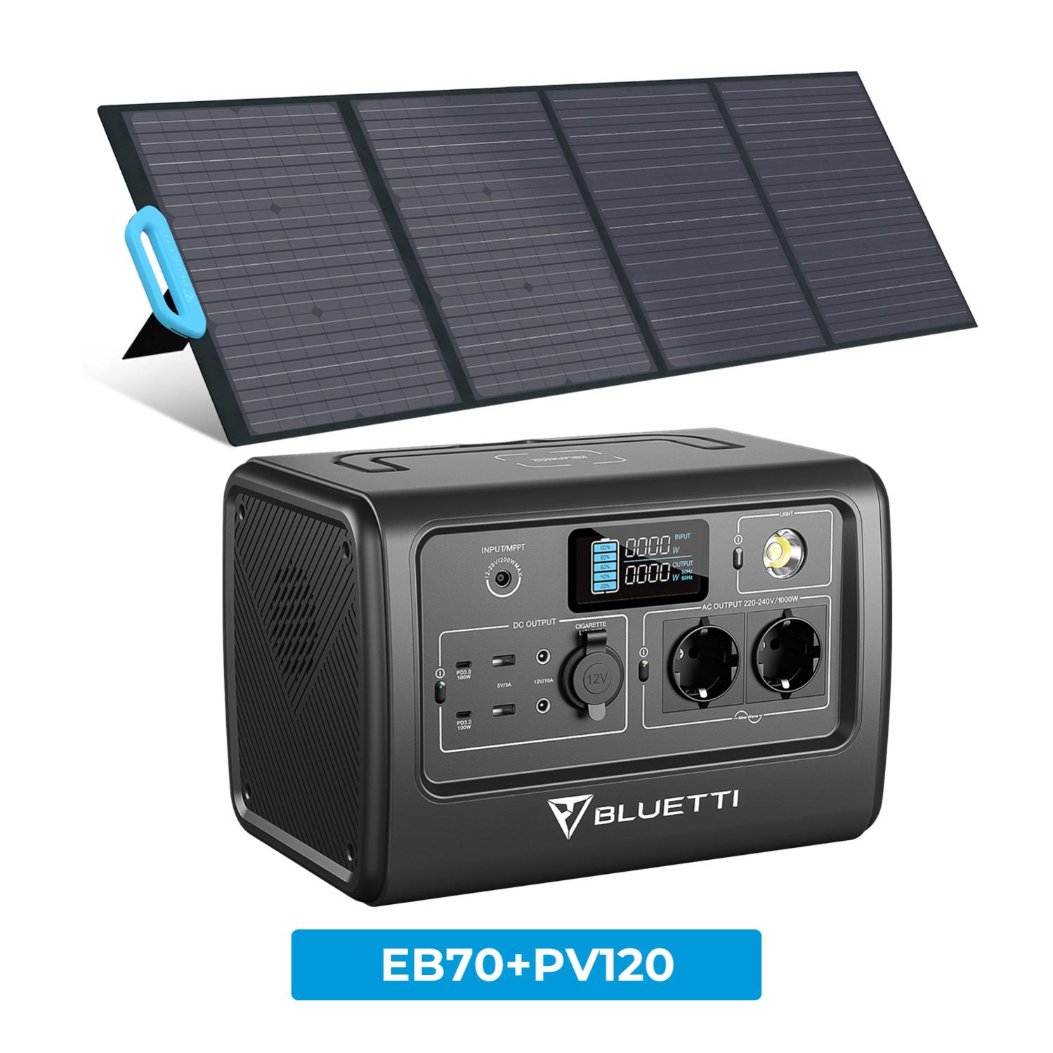 BLUETTI Kit de Génerateur solaire portable EB70GRAY 1000W avec panneau solaire BLUETTI PV120 120W