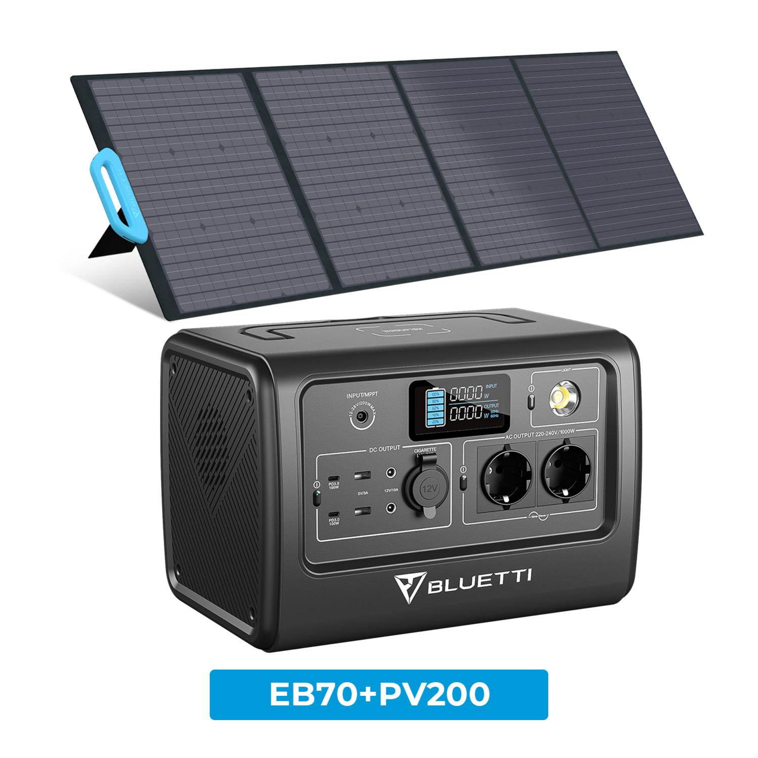 BLUETTI Kit de Génerateur solaire portable EB70GRAY 1000W avec panneau solaire BLUETTI PV200 200W