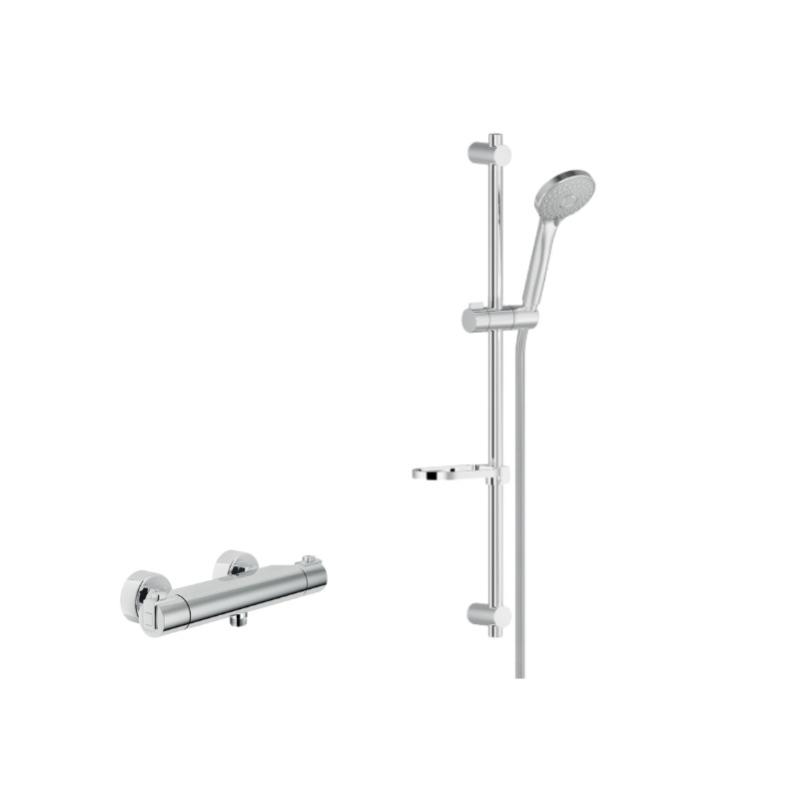 Nobili Tyko Set Mitigeur thermostatique + Douchette 3 jets + Barre de douche réglable max 66cm + Porte savon amovible, Chrome