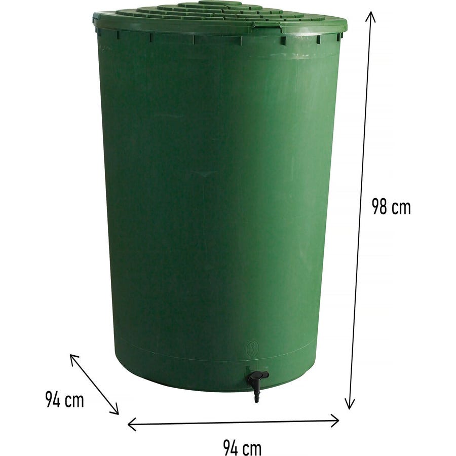Récupérateur à eau rond 500L vert - couvercle clipsé et robinet 2