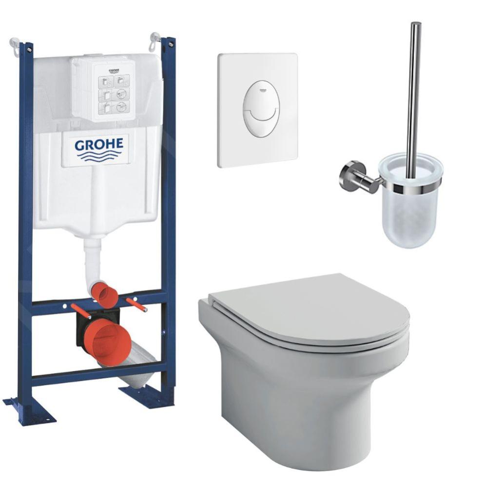 JACOB DELAFON Pack WC suspendu sans bride Elite, abattant extraplat fermeture douce avec bâti support, plaque blanche quick Fix Grohe et porte-balai