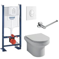 WC suspendu sans bride JACOB DELAFON Elite + bâti-support GROHE + abattant + accessoires, Porte-rouleau rond, blanc 0