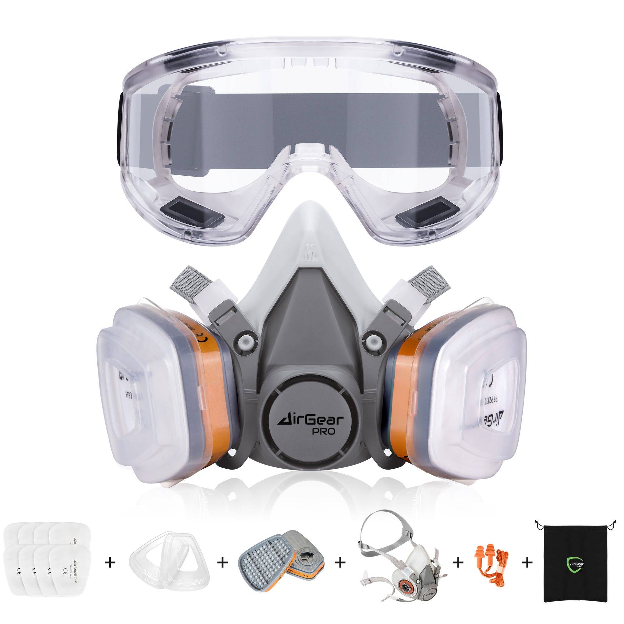 AirGearPro G-500 Masque de Protection Respiratoire Réutilisable, Anti poussière, Anti gaz avec Filtres et Lunettes de Protection Idéal Peinture 0