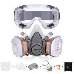 AirGearPro G-500 Masque de Protection Respiratoire Réutilisable, Anti poussière, Anti gaz avec Filtres et Lunettes de Protection Idéal Peinture