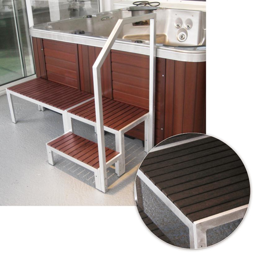 PACK CONFORT POUR SPA A200 ESCALIER ET BANC EN BOIS DE SYNTHESE WENGE AINSI QU'UNE RAMPE ALUMINIUM